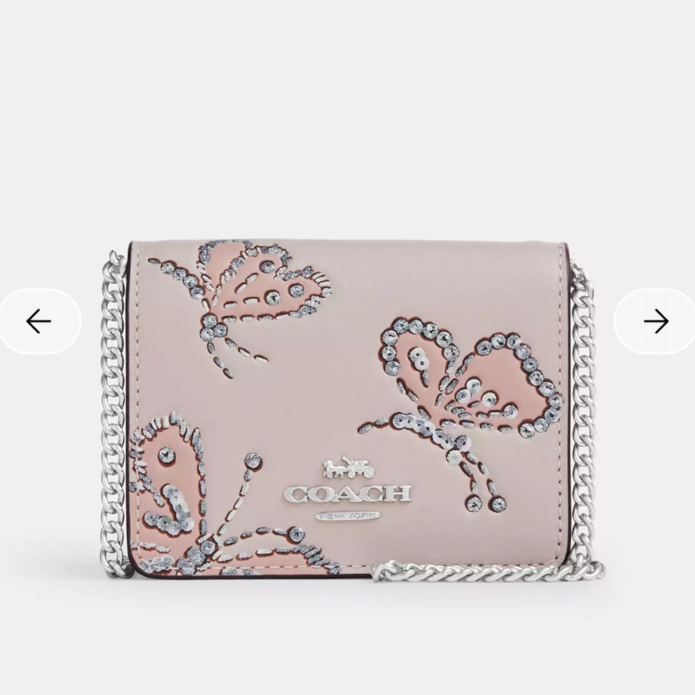 🌸New Coach Mini Wallet On A Chain With Sparkly Butterfly Print&Silver Hardware